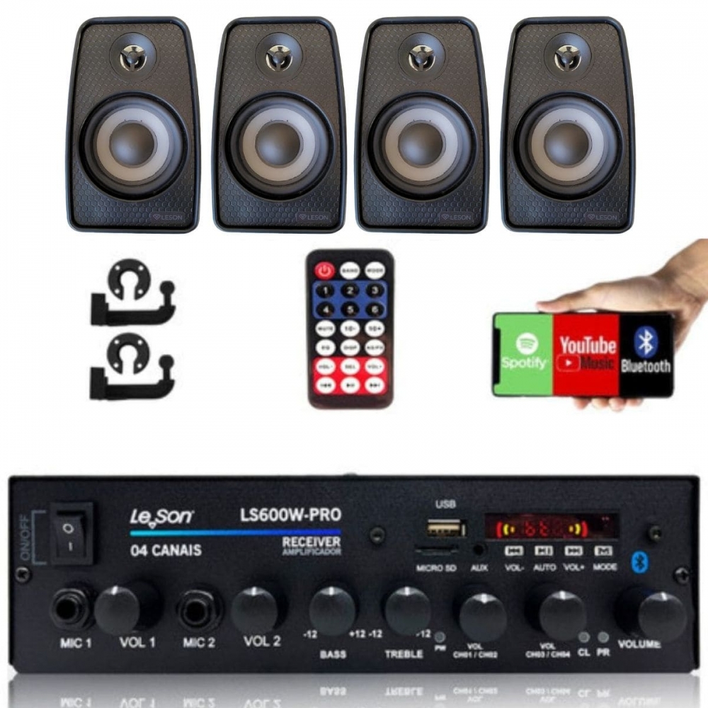Amplificador Som Bluetooth Grave + 4 Caixas De Som Ambiente