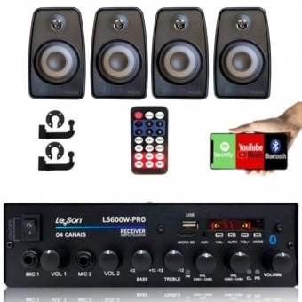Amplificador Som Bluetooth Grave + 4 Caixas De Som Ambiente