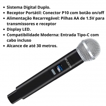 Par Microfones Sem Fio LS302 PK 2.4 Duplo Recarregavel Leson