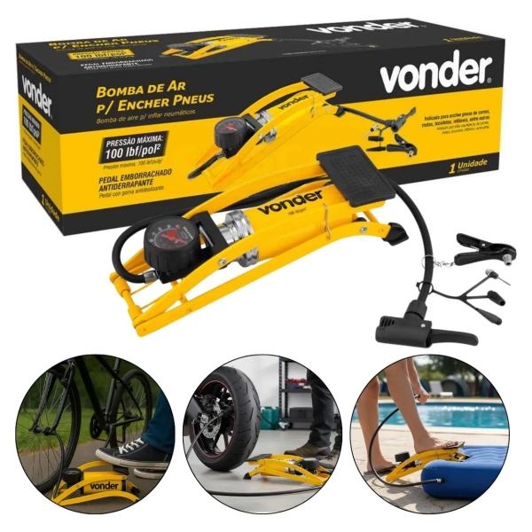 Bomba De Ar Com Pedal E Manômetro Vonder Amarelo