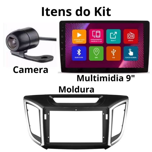 Multimídia Android Carplay 9p 2+32Gb Quadcore Creta Gps Bt