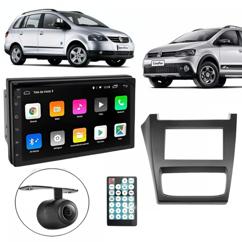 Central Multimidia Android Auto Crossfox Moldura + Câm Preto