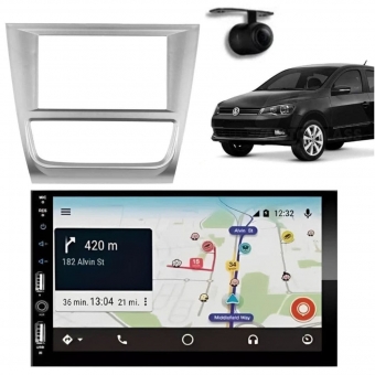 Central Multimídia Carplay Android Gol G6 Moldura + Câmera Prata
