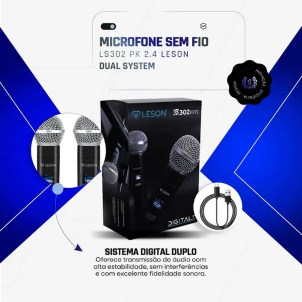Par Microfones Sem Fio LS302 PK 2.4 Duplo Recarregavel Leson