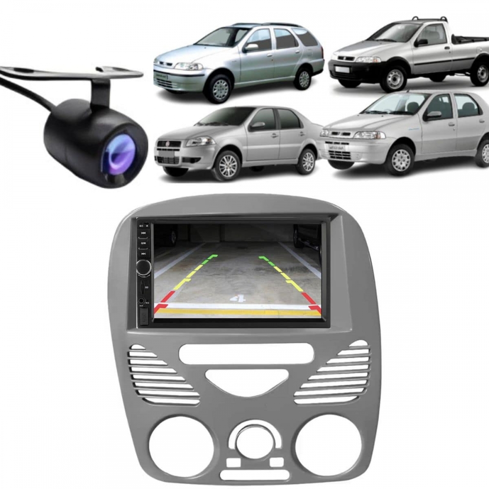 Central Multimídia 2 Din Mp5 Fiat Siena G2 Câmera Moldura Cinza