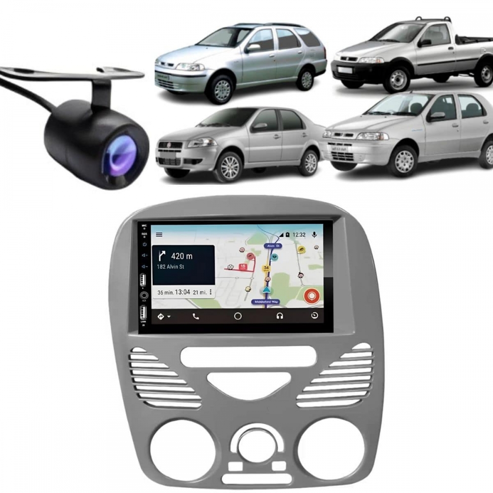 Central Multimídia Carplay Android Palio G2 Moldura + Câmera Cinza