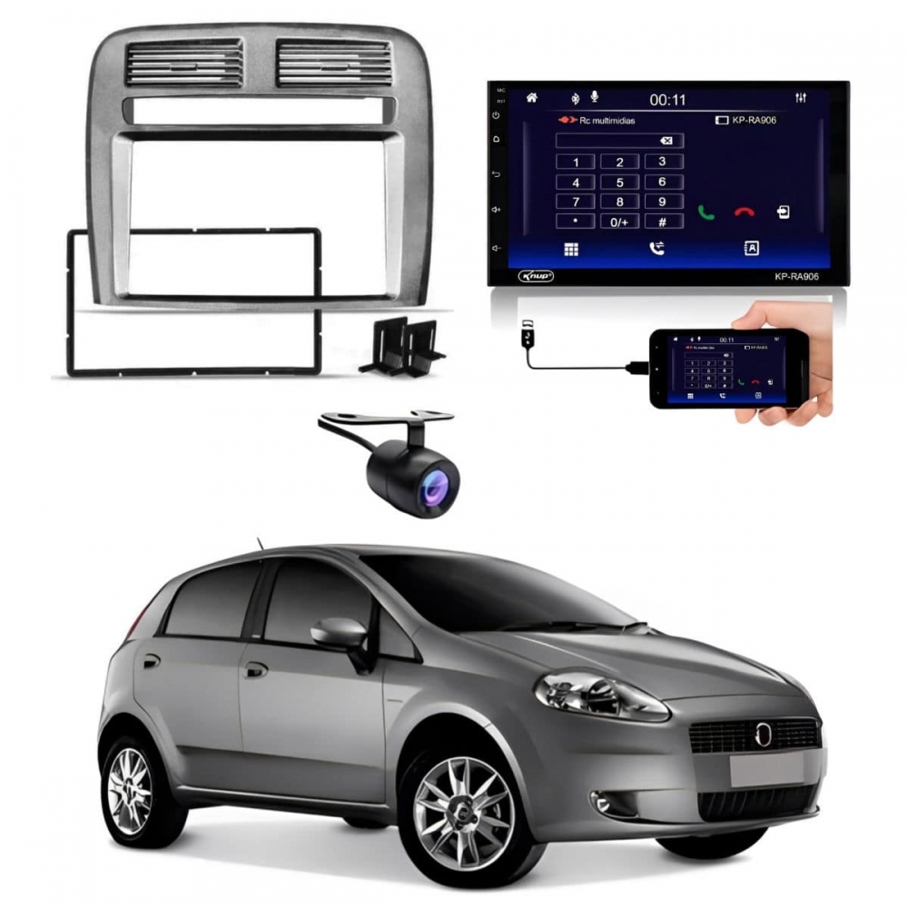 Central Multimidia Android Auto Fiat Punto Moldura + Câm Grafite