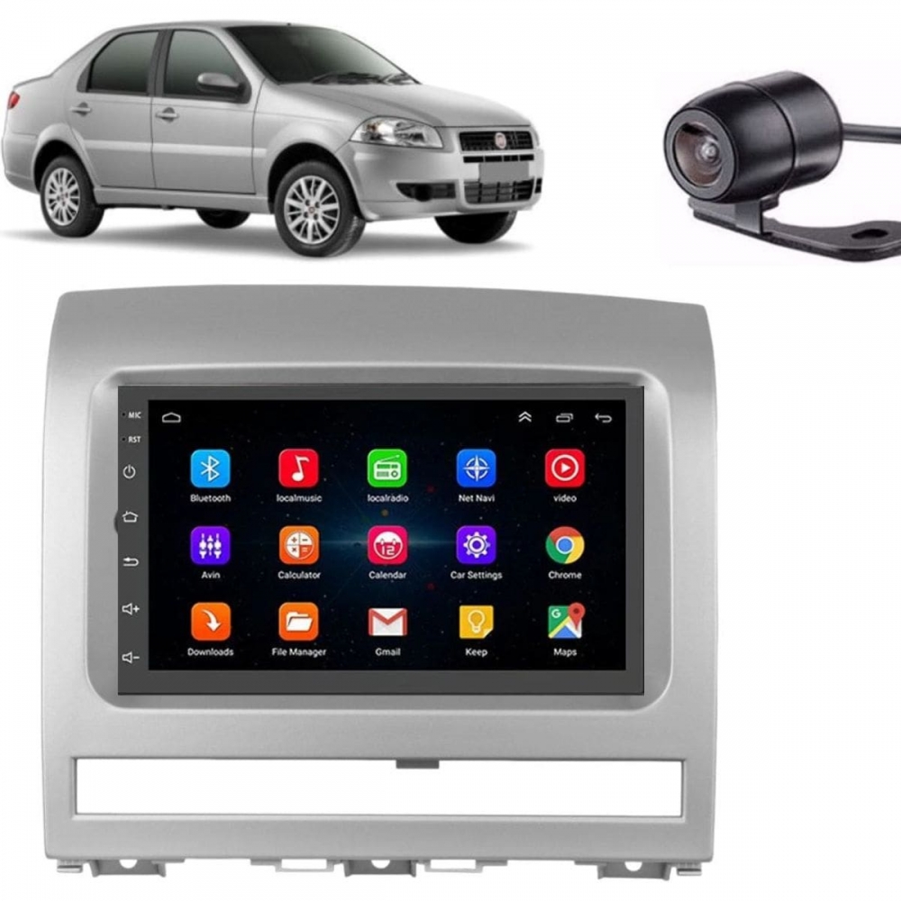 Central Multimidia Android Auto Fiat Palio Moldura + Câm Prata