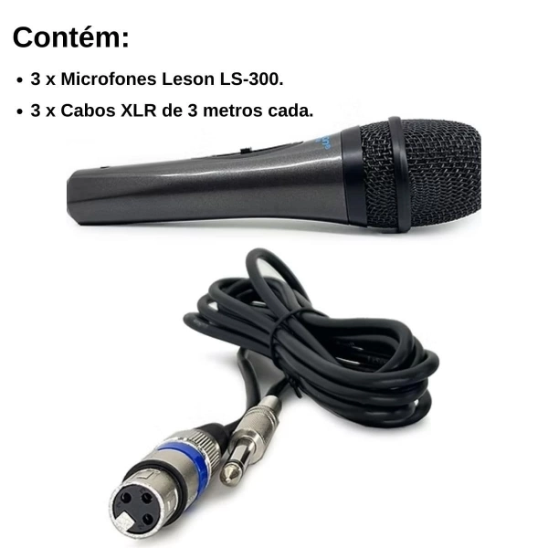 Kit Microfone Dinâmico Leson LS-300 Preto 3 unidades