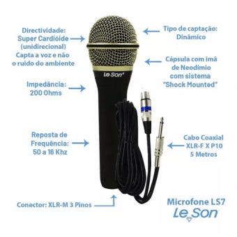 Microfone Dinâmico Le Son Ls7 Profissional Com Cabo/5m Sm58