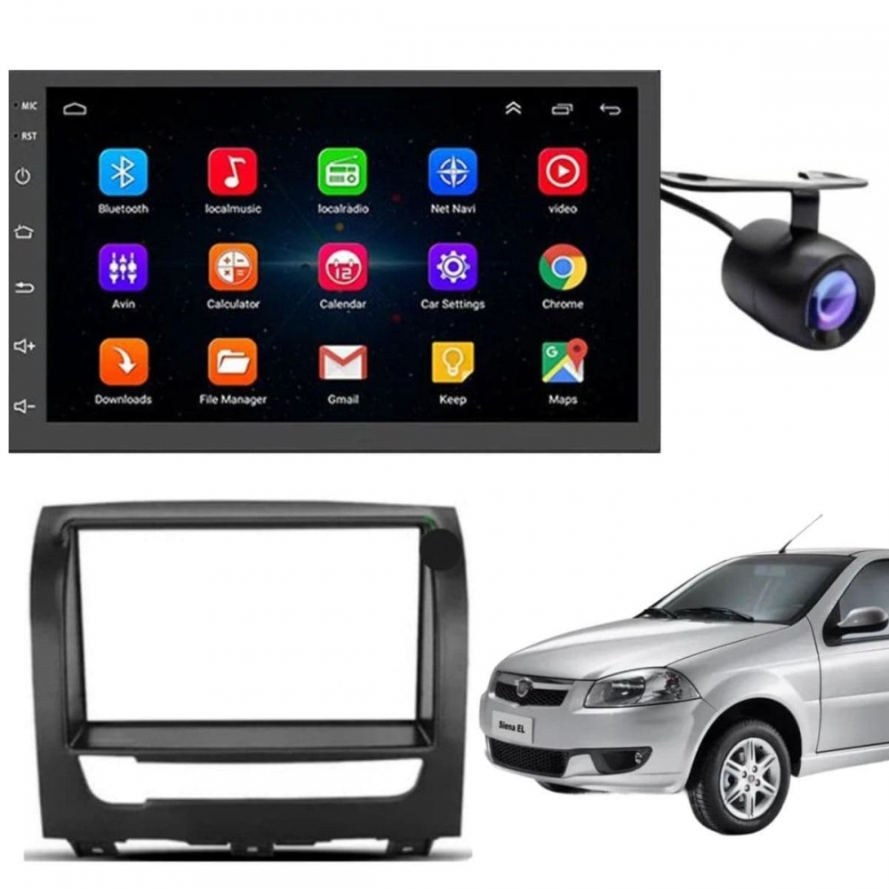 Central Multimidia Android Auto Fiat Siena Moldura + Câm Preto