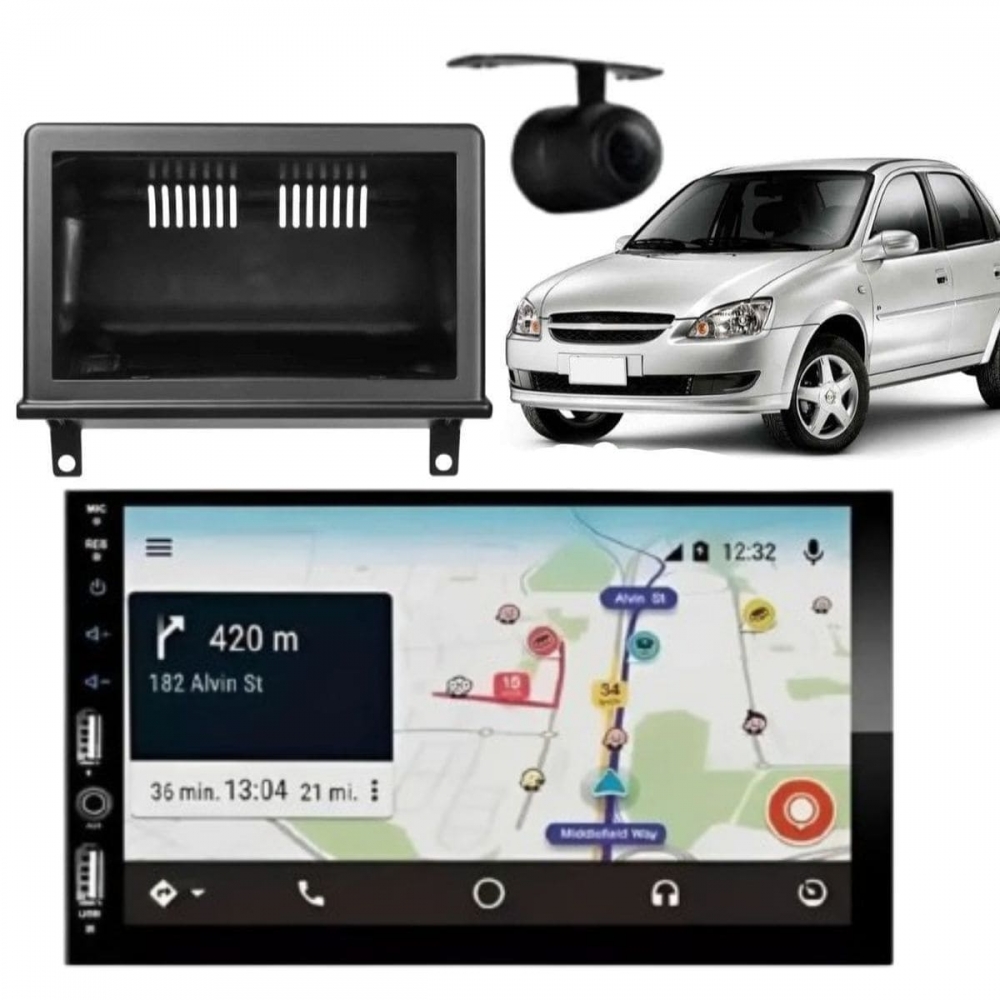 Central Multimídia Carplay Android Corsa Sedan Moldura + Câmera