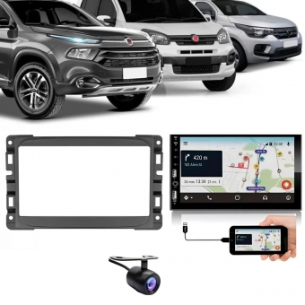 Central Multimídia Carplay Android Fiat Mobi Moldura + Câmera Preto Fosco