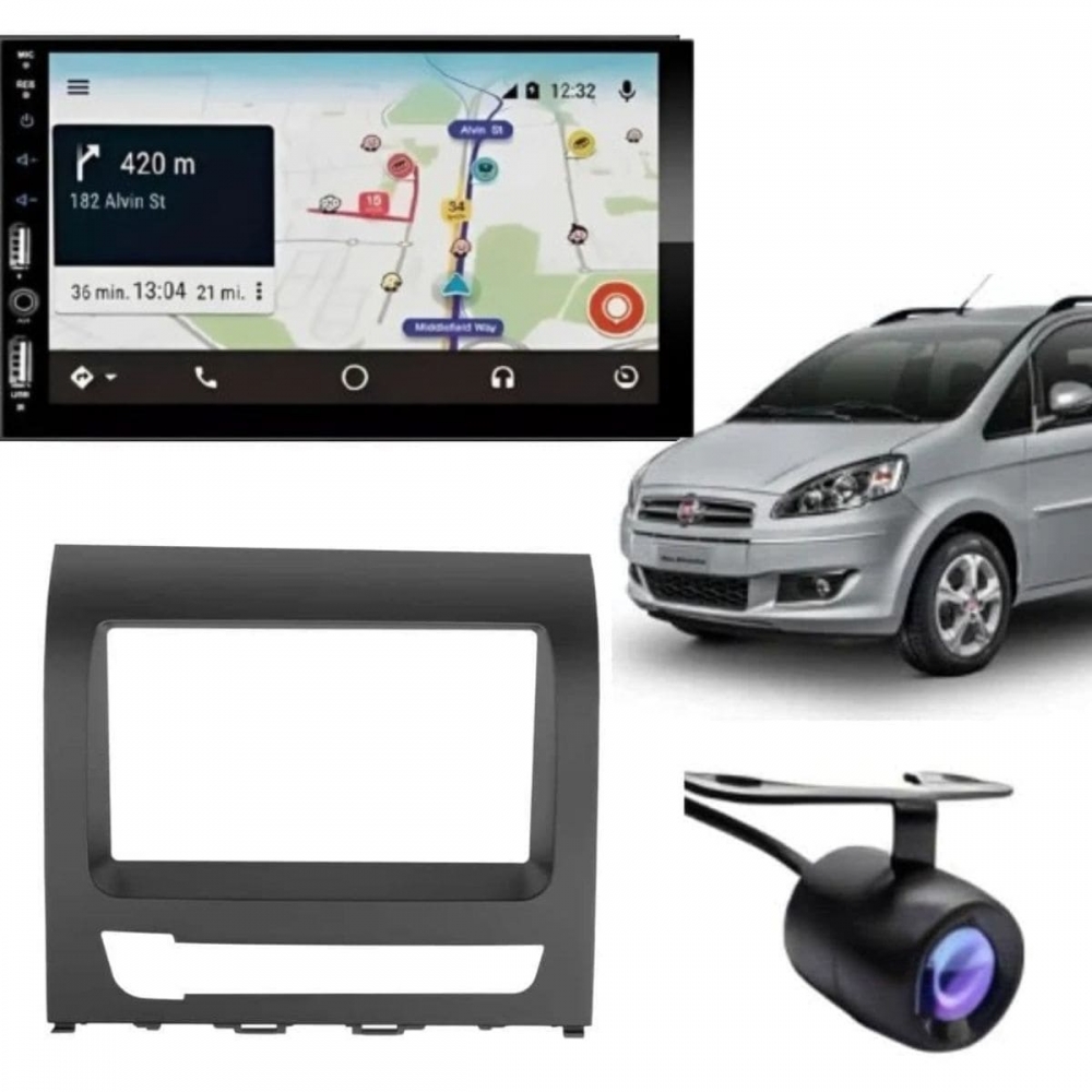 Central Multimídia Carplay Android Fiat Idea Moldura + Câmera Preto