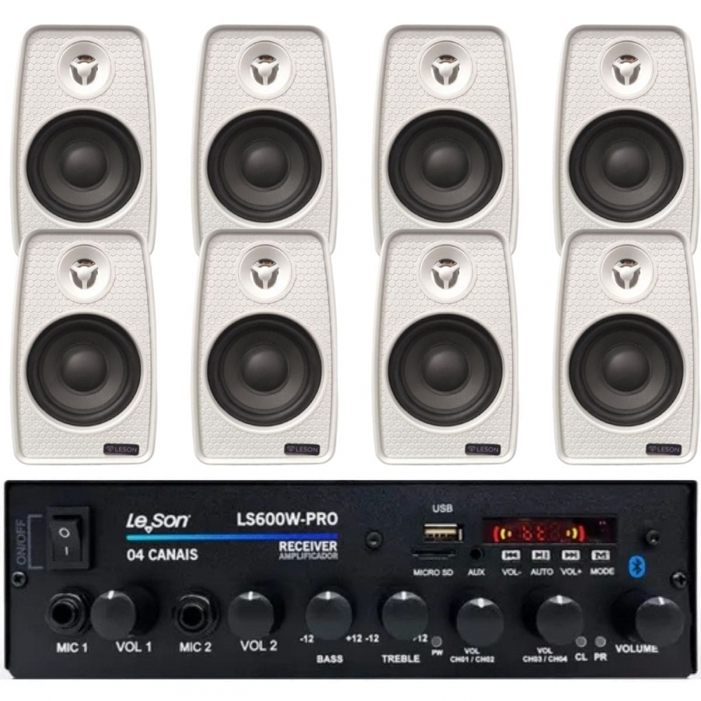 Kit Amplificador 600w Pro Som Ambiente + 8 Caixas Parede Branca