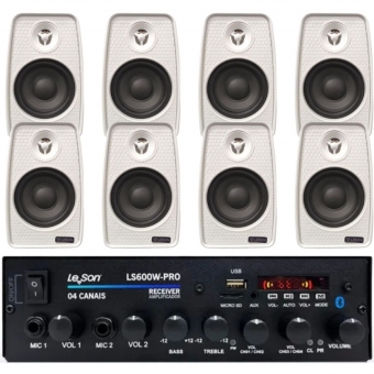 Kit Amplificador 600w Pro Som Ambiente + 8 Caixas Parede Branca