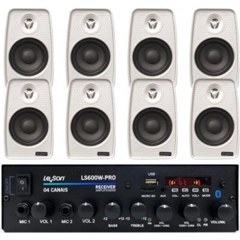 Kit Amplificador 600w Pro Som Ambiente + 8 Caixas Parede Branca