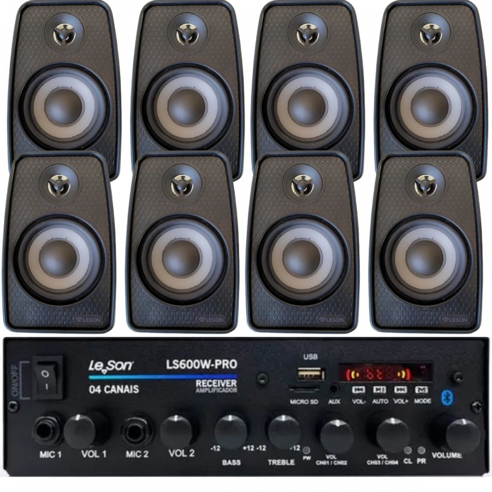 Kit Amplificador 600w Pro Som Ambiente + 8 Caixas Parede Preto