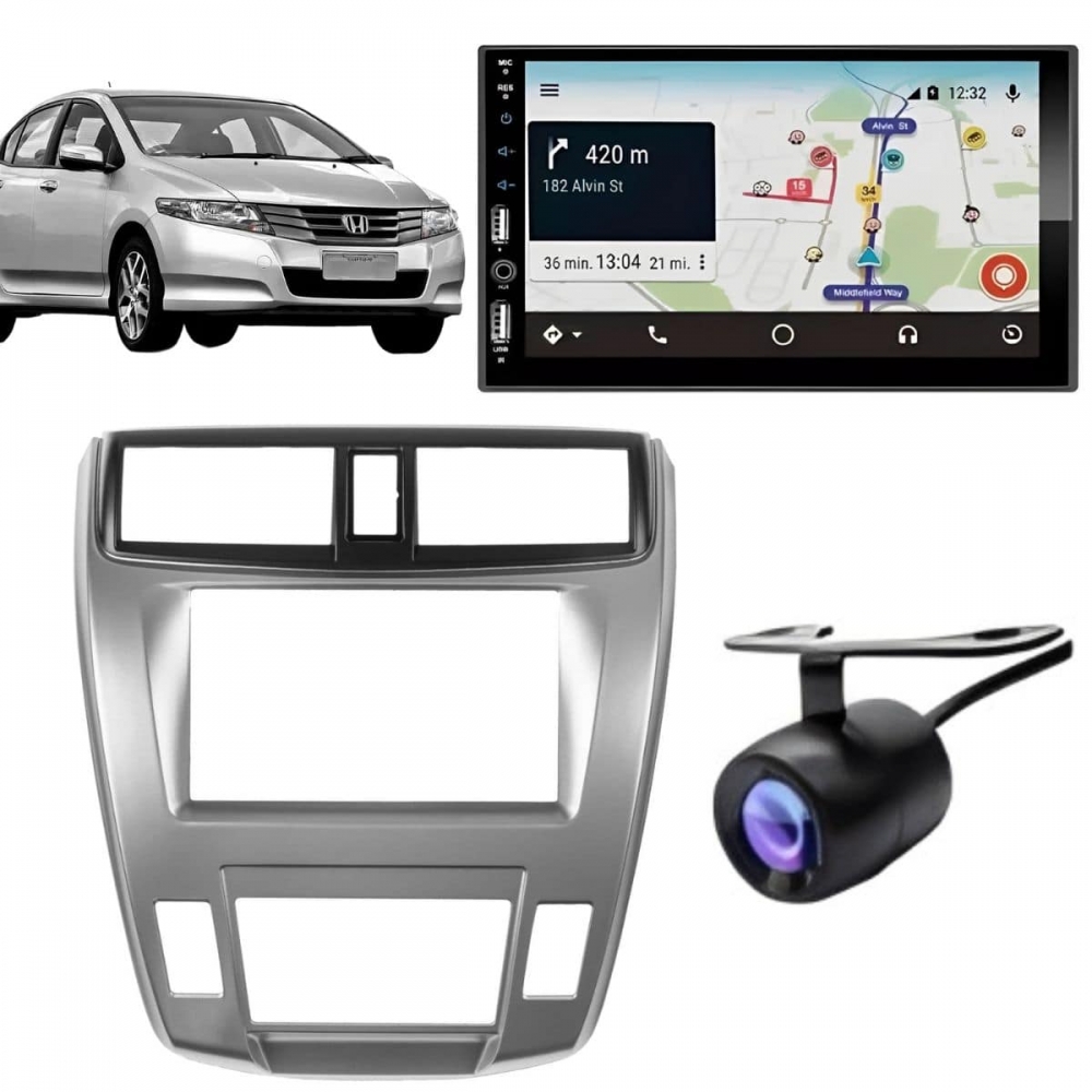 Central Multimídia Carplay Android City Moldura + Câmera Prata