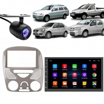 Central Multimidia Android Auto Siena G2 Moldura + Câm Cinza Brilhante