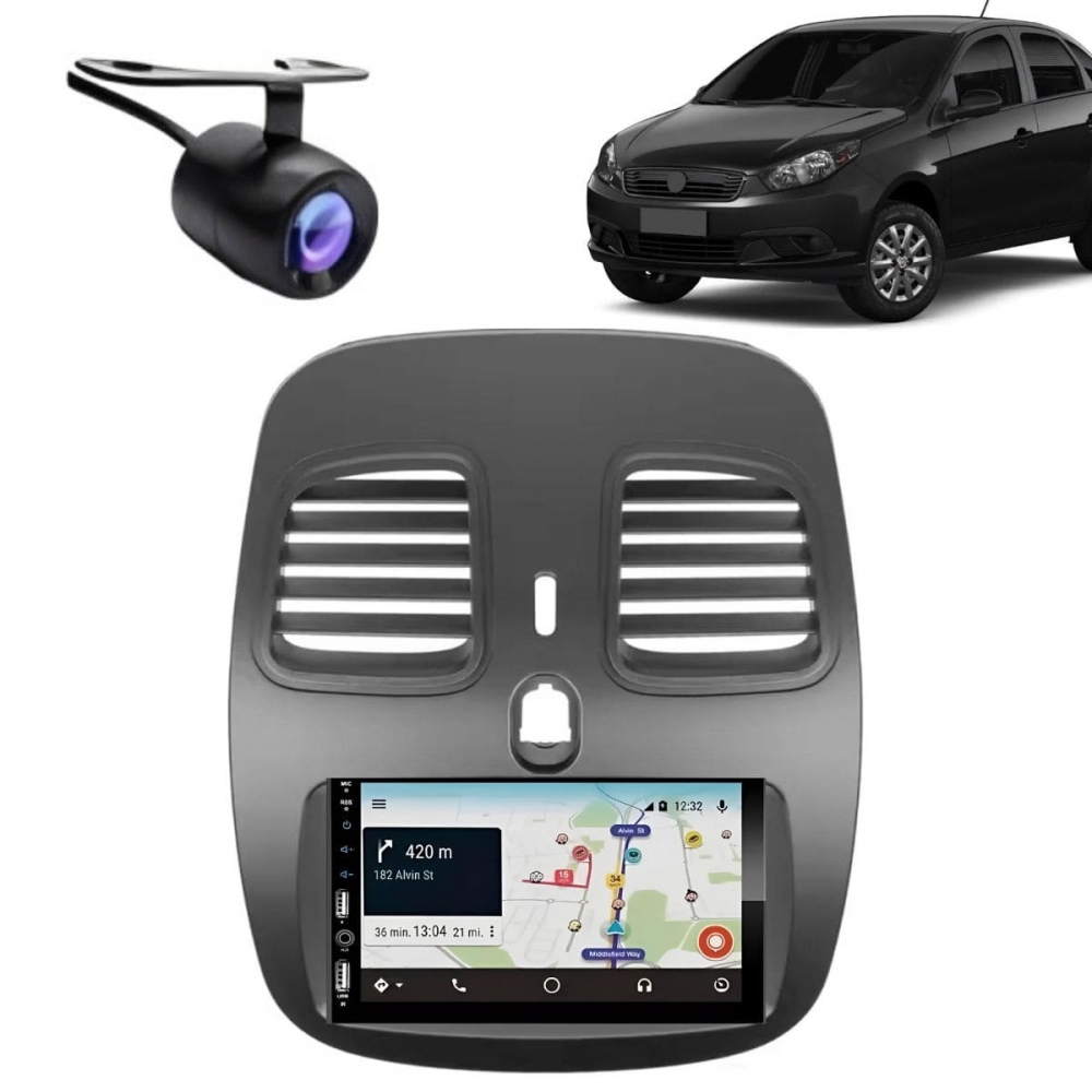 Central Multimídia Carplay Android Grand Siena Moldura + Câmera PT Fosco