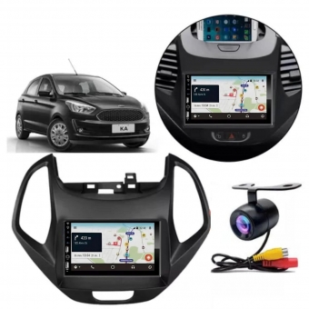 Central Multimídia Carplay Android Ford KA Moldura + Câmera Preto