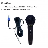 Kit Microfone Dinâmico Leson SM-58 P4 BK Preto Fosco 3 unidades