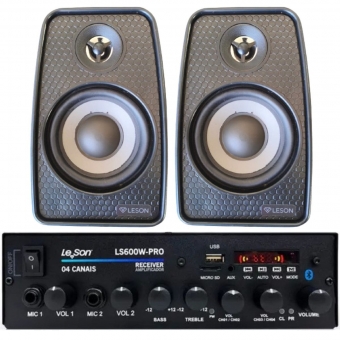 Kit Amplificador 600w Pro Som Ambiente + 2 Caixas Parede Preto