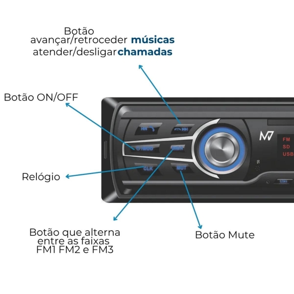 Rádio Automotivo Bluetooth Mp3 Fm Usb Sd Som 7000bt M7 Preto