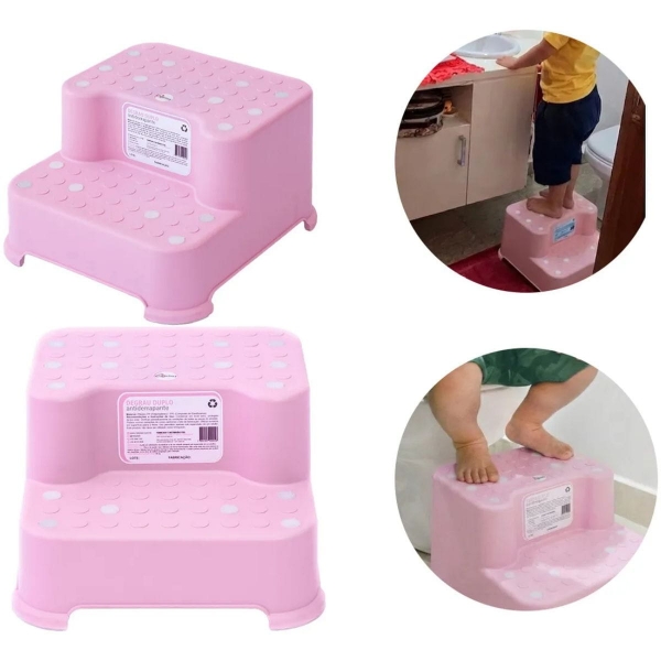 Escada Infantil 2 Degraus Antiderrapante para Vaso Pia Rosa