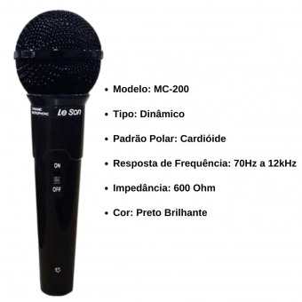 Kit Microfone Profissional Leson MC-200 Preto Brilhante 3 unidades
