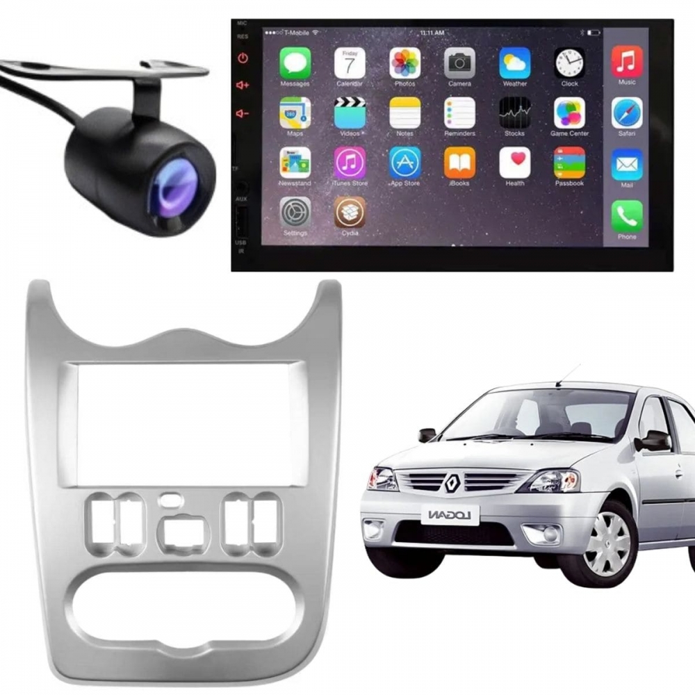 Central Multimídia 2 Din Mp5 Renault Sandero Câmera Moldura Tela Prata