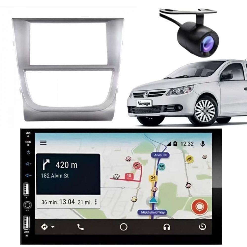 Central Multimídia Carplay Android Gol G5 Moldura + Câmera Prata