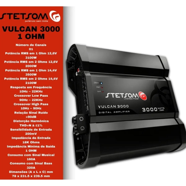 Amplificador Stetsom Vulcan 3000W RMS Digital Mono 2 Ohms