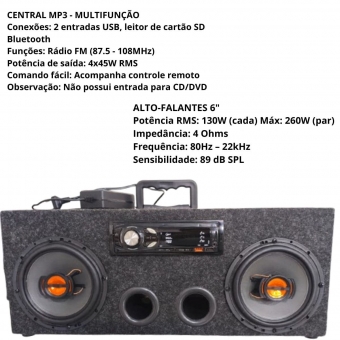 Caixa Horizontal Som Bluetooth Usb Ativa Falante 6 Pol Mp3