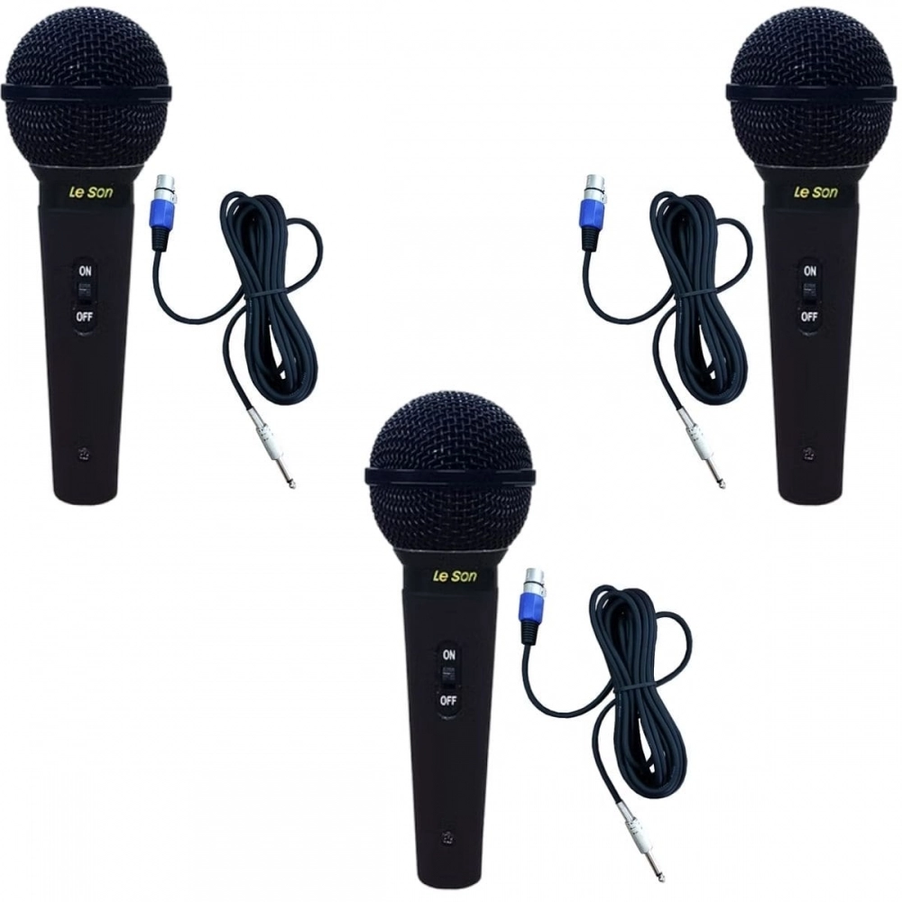 Kit Microfone Dinâmico Leson SM-58 P4 BK Preto Fosco 3 unidades