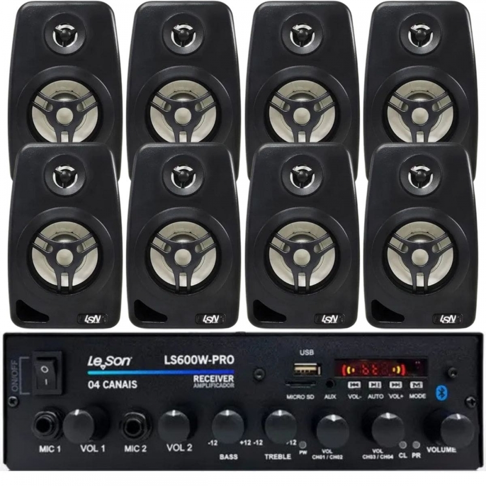 Kit Amplificador 600w Pro Som Ambiente + 8 Caixas Parede Preto