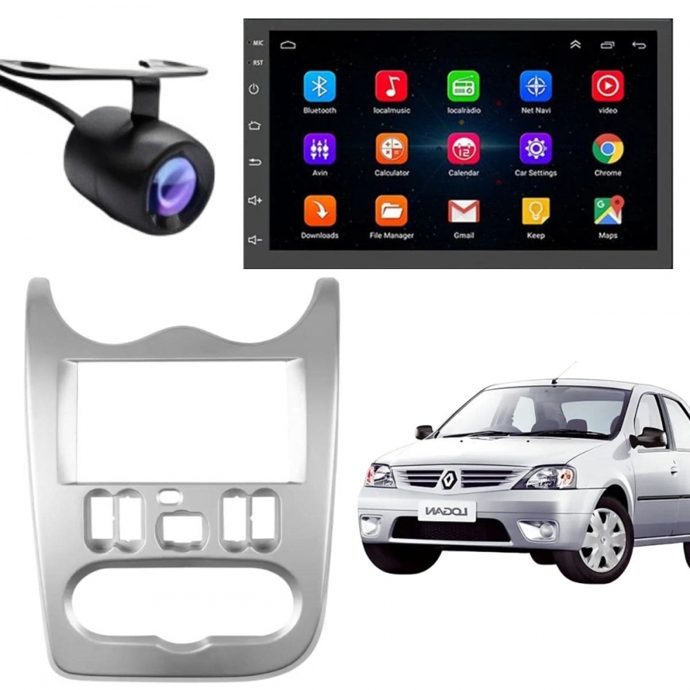 Central Multimidia Android Auto Renault Logan Moldura + Câm Prata