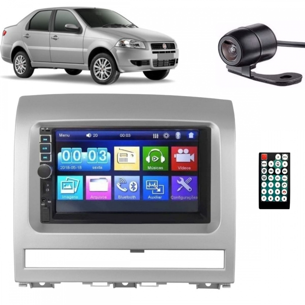 Central Multimídia 2 Din Mp5 Fiat Palio Câmera Moldura Prata