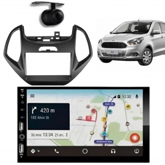 Central Multimídia Carplay Android Ford Ka Moldura + Câmera Preto