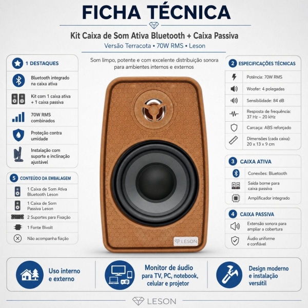Caixa Som Ambiente 70W Leson Terracota Ativa + Passiva