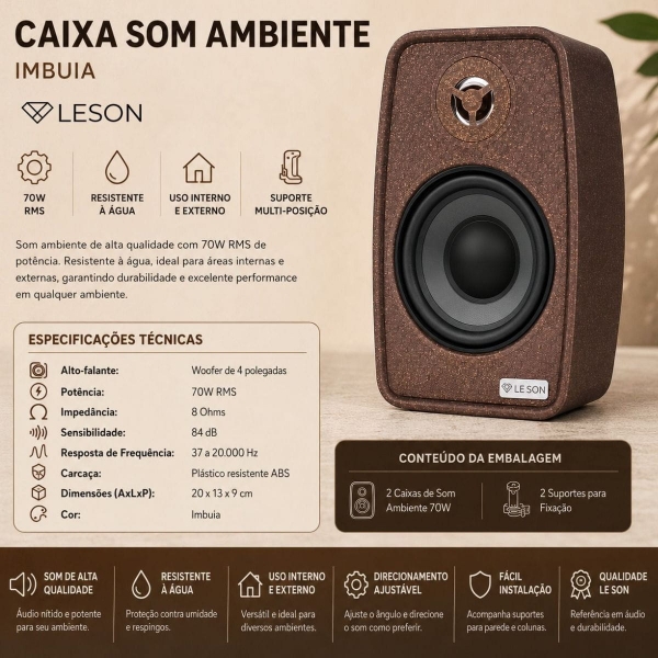 Caixa Som Ambiente Bluetooth 70W Leson Imbuia Ativa + Passiva