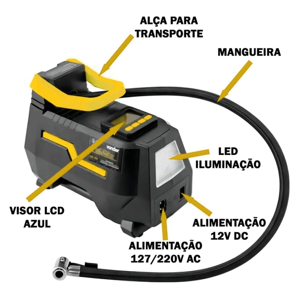 Compressor De Ar Automotivo Cav120 12v Vonder Preto 12v Bifásica