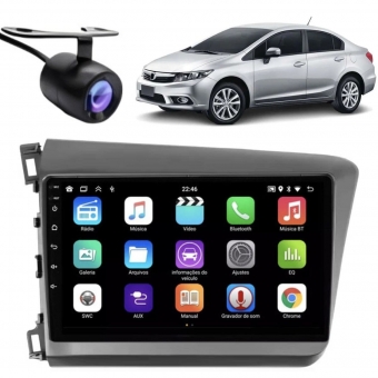 Central Multimídia Android 2 Din Honda Civic Moldura 9" Câmera Ré Grafite