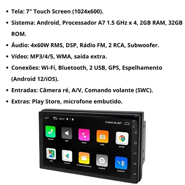 Central Multimídia Android 2 Din Captiva 2008/15 Câmera Ré Preto