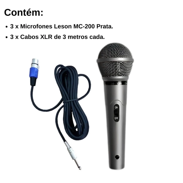 Kit Microfone Dinâmico Leson MC-200 Prata 3 unidades