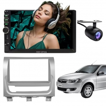 Central Multimídia 2 Din Mp5 Fiat Siena Câmera Moldura Prata