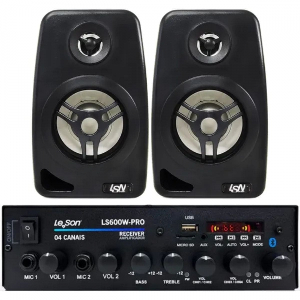 Kit Amplificador 600w Pro Som Ambiente + 2 Caixas Parede Preto
