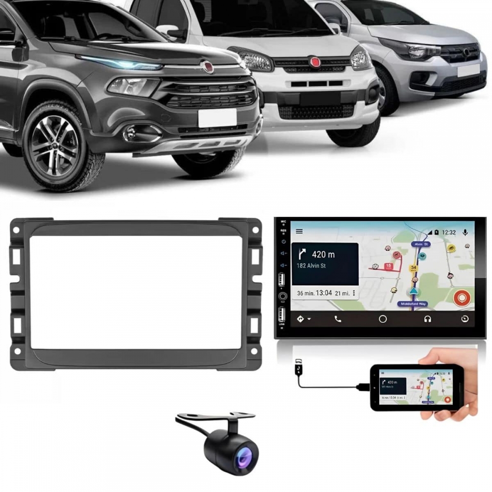 Central Multimídia Carplay Android Fiat Uno Moldura + Câmera Preto Fosco