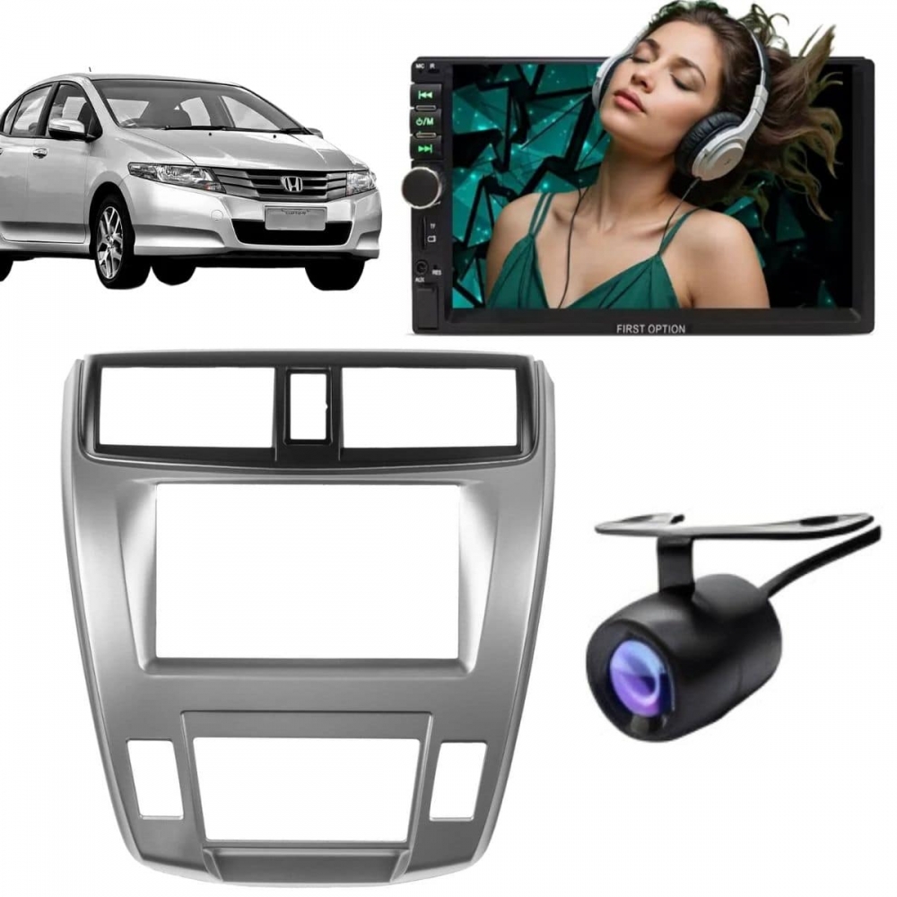 Central Multimídia 2 Din Mp5 Honda City LX Câmera Moldura Prata